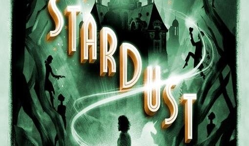 A book cover for Neil Gaiman's Stardust which shows a silhouetted figure in the foreground. There is a castle in the background surrounded by mist and shadowy figures.